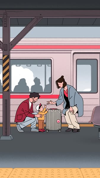 An animated illustration shows a family at a train station. A man and a woman are with a small child. The child is looking up with arms outstretched toward a suitcase near them. The man is crouched down and the woman is standing. A train is in the background and the overall color palette creates a friendly, welcoming feel.