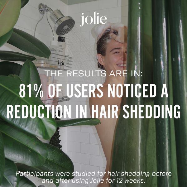 An ad features a person in a shower washing their hair, half of their face is visible. Text overlay displays the brand's name 'jolie', and the headline 'THE RESULTS ARE IN: 81% OF USERS NOTICED A REDUCTION IN HAIR SHEDDING'. Smaller text at the bottom explains 'Participants were studied for hair shedding before and after using Jolie for 12 weeks.' The ad uses a clean, bright aesthetic, with a background of a white-tiled bathroom and a large green plant in the foreground. The person appears happy, suggesting satisfaction with the product.