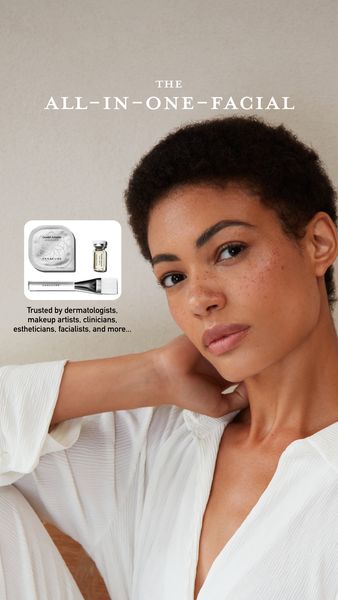 An advertisement features a close-up of a woman with short, dark hair and a serene expression. She's wearing a white top with a textured appearance, possibly a robe or a similar garment, and her skin is flawless. The ad includes an inset image of beauty product components, as well as text describing the product as an "ALL-IN-ONE-FACIAL" and stating, "Trusted by dermatologists, makeup artists, clinicians, estheticians, facialists, and more..."