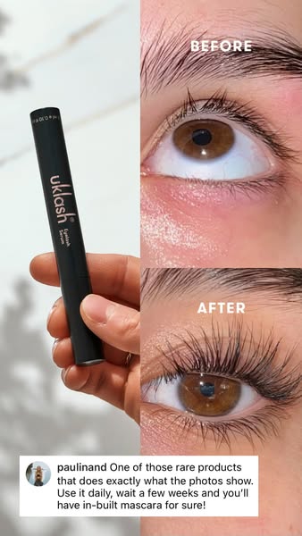 The ad is a before-and-after visual comparison. On the left, a hand holds a black cylindrical product labeled with brand information. The right side is split into two images: the top shows an eye with short, sparse lashes (labeled 'BEFORE'), and the bottom shows the same eye with significantly longer, fuller lashes (labeled 'AFTER'). A user comment is visible below the images, suggesting the product delivers the promised results.