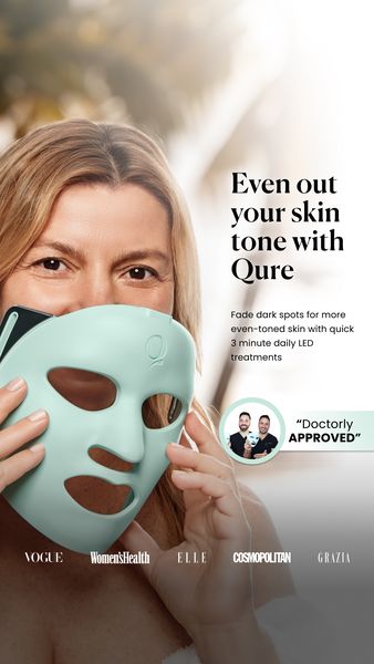 The image showcases a woman holding a turquoise LED face mask up to her face. The woman has blonde hair and fair skin. Text overlays promote the product, mentioning skin tone and quick treatments. A circular graphic includes what appear to be two doctors' headshots alongside the text 'Doctorly APPROVED'. Published magazines logos are along the bottom.