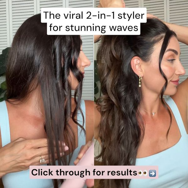 A split image ad showing a woman with dark hair styled in two ways. On the left, her hair is partially curled with a styling tool, appearing in individual sections. The right side presents her hair completely styled with soft waves, also showing the styler. Text overlay indicates "The viral 2-in-1 styler for stunning waves" and "Click through for results." 