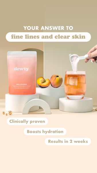 The ad is a visually appealing beauty product advertisement featuring a package of collagen powder, a glass of a pink beverage, and two peaches. The product packaging is prominently displayed on a white stand, with the brand name 'dewty' visible. A hand is shown adding the powder to the beverage with an ice cube. The background is a light beige color and has geometric patterns. Additional text highlights the product's benefits, including reducing fine lines, boosting hydration, and visible results in 2 weeks.
