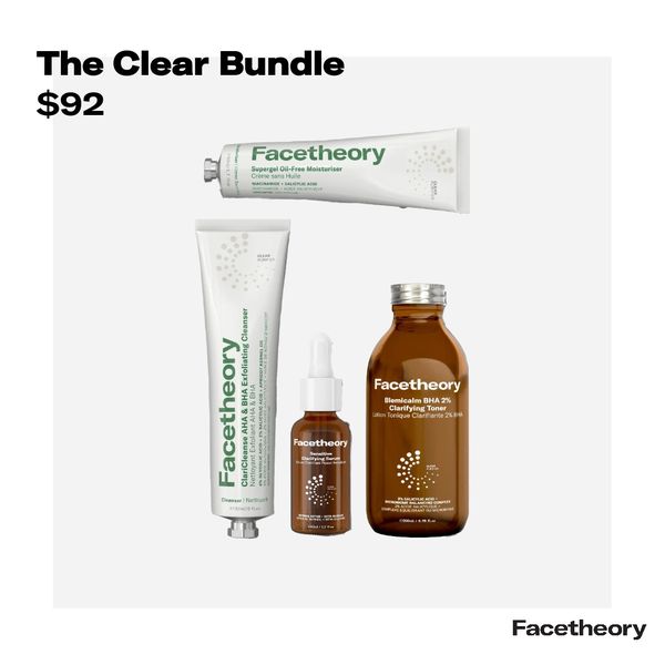 The ad showcases the 'Clear Bundle' of skincare products laid out on a white background. It features a cleanser, a serum, a toner, and a moisturizer. The layout presents the products in a neat, aligned manner, creating a visually appealing presentation. The product packaging is clean and modern, with a focus on minimalist design.