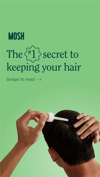 The ad features a green background with the brand name at the top left . The text "The #1 secret to keeping your hair" is in the middle of the ad. An image depicts the back of a man applying a liquid to his scalp with a dropper. Below the text 'Swipe to read' is displayed with a right arrow for navigation.