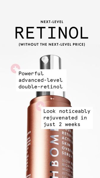 The ad features a close-up shot of a retinol serum bottle against a plain white background. The bottle is metallic and has a pump dispenser. Text overlays provide information about the product. The top text states 'NEXT-LEVEL RETINOL (WITHOUT THE NEXT-LEVEL PRICE)'. Two callouts describe the product as 'Powerful advanced-level double-retinol' and 'Look noticeably rejuvenated in just 2 weeks'.
