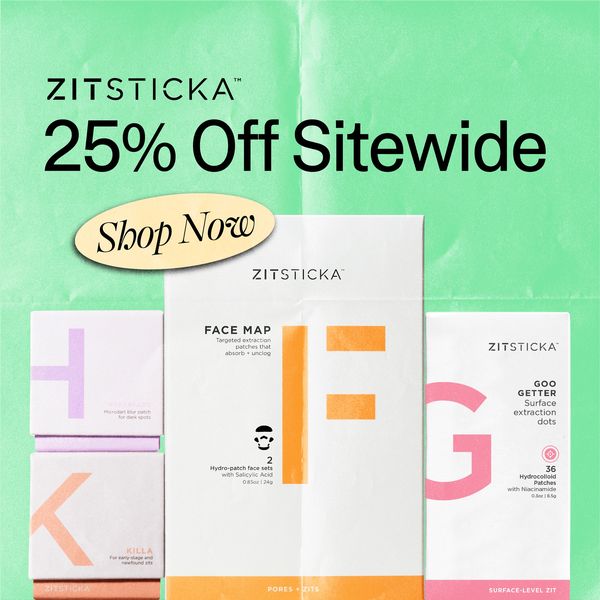 The ad is a promotional graphic for Zitsticka, a skincare brand. The ad features a green, slightly crumpled backdrop with large text that reads "25% Off Sitewide." In the center is a white graphic with three product boxes and a "Shop Now" button. The product boxes are labeled with product names such as "FACE MAP," "GOO GETTER," and "Killa," along with descriptions such as "Targeted extraction patches" and "Surface extraction dots." The overall layout is clear and aims to promote a sale.