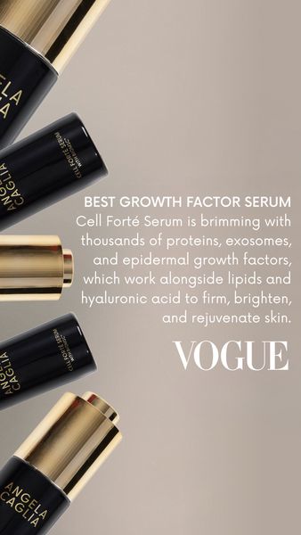 The image showcases several black and gold cosmetic bottles. The bottles are angled diagonally across the frame, with some arranged to the left and others toward the top. Text is overlaid on the right side, highlighting product features and benefits. The Vogue logo is prominently displayed at the bottom of the text.