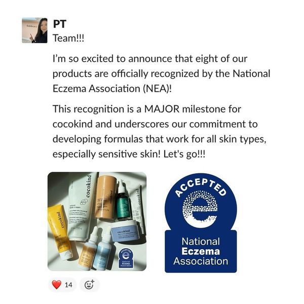 The ad features a post from a team member with an image of skincare products and an official seal. The text announces that eight products are recognized by the National Eczema Association (NEA). The image includes various skincare products, a photo of the products, and the NEA seal.