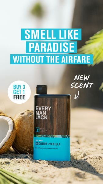The ad features a bottle of Every Man Jack body wash with a wooden texture design, set on a sandy beach with palm leaves, and coconuts. The text overlay states "SMELL LIKE PARADISE WITHOUT THE AIRFARE" in a light blue box. A "NEW SCENT" callout is written in white script with an arrow pointing towards the body wash. A round badge offers "BUY 3 GET 1 FREE". The body wash label highlights the "COCONUT + VANILLA" scent.