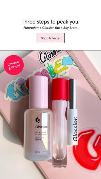 A promotional image featuring three skincare products arranged on a pink background. At the top, the text reads 'Three steps to peak you.' and 'Shop trifecta'. The image includes three skincare products, a face serum, perfume and eyebrow product next to each other. A sticker with some cartoon-like drawing can be seen behind the products with the texts 'Limited Edition!' included.