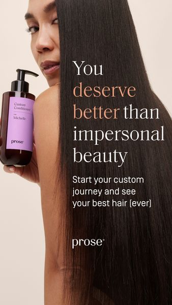 The ad features a woman with long, flowing, dark hair, facing the camera slightly, with a bottle of custom conditioner in hand. The woman is the primary visual element. The text is overlaid on the image of the model and text is placed vertically on the right side of her hair, with the final text and brand name at the bottom.