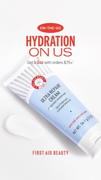 The ad features a skincare product tube with a cream sample on a white background. The top of the image has a red banner that reads "ON-THE-GO". Below, large red text states, "HYDRATION ON US", with the offer "Get a 20z with orders $75+". The product tube, labeled "ULTRA REPAIR CREAM", is light blue and has water droplets on it, visually communicating hydration. The bottom of the image displays the brand name in a red font.