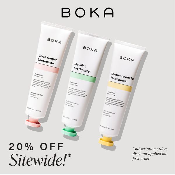The advertisement showcases three tubes of toothpaste arranged diagonally against a light gray background. The tubes, each in a different color, have their respective flavor names displayed prominently. Below the tubes, a promotional message offers a "20% OFF Sitewide!" discount. Additional text mentions that the discount applies to subscription orders on the first order. The overall composition is clean and organized.