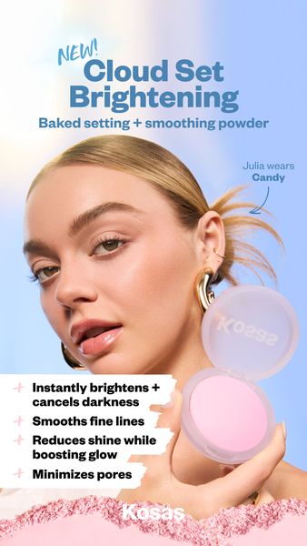An advertisement featuring a fair-skinned woman with blonde hair wearing gold hoop earrings. She is the focal point, with the product, an opened compact of pink setting powder, held to her face, showing her makeup. Text over her head states "NEW! Cloud Set Brightening Baked setting + smoothing powder." Text on the left side lists benefits: "Instantly brightens + cancels darkness, Smooths fine lines, Reduces shine while boosting glow, Minimizes pores." A small arrow points to text that states "Julia wears Candy." The background transitions from a bright blue at the top to a slightly lighter shade at the bottom.