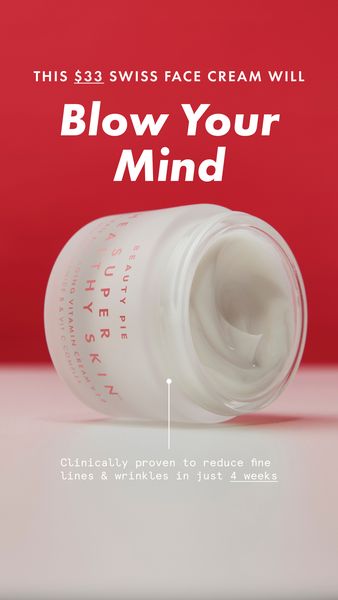The ad features a white jar of face cream tilted slightly to the side, against a gradient red background.  The cream is in focus, with the brand details visible. The text overlayed in bold white font reads "This $33 Swiss Face Cream Will Blow Your Mind". The bottom of the ad shows text: "Clinically proven to reduce fine lines & wrinkles in just 4 weeks."