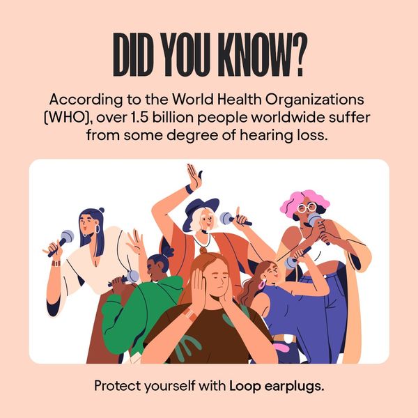 The ad is a square image with a light pink background. The text "DID YOU KNOW?" is displayed in large, bold, black font at the top. Below, in a slightly smaller, regular font, the text reads: "According to the World Health Organizations (WHO), over 1.5 billion people worldwide suffer from some degree of hearing loss." A graphic illustration sits below this text, showing a group of people singing into microphones. One woman is covering her ears with her hands. The ad concludes with the text "Protect yourself with Loop earplugs."