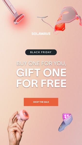 The image shows a promotional ad for skincare devices. The ad features the brand name at the top. Below the brand, the words 'BLACK FRIDAY' are in a black rectangle. Beneath that, the primary message 'BUY ONE FOR YOU, GIFT ONE FOR FREE' is displayed in large, white font, with an orange button 'SHOP THE SALE' at the bottom. The background is a peach gradient. Various skincare devices are included in the picture, and an example of a product is held in a hand below the words. The composition is simple and clean, with a focus on the offer.