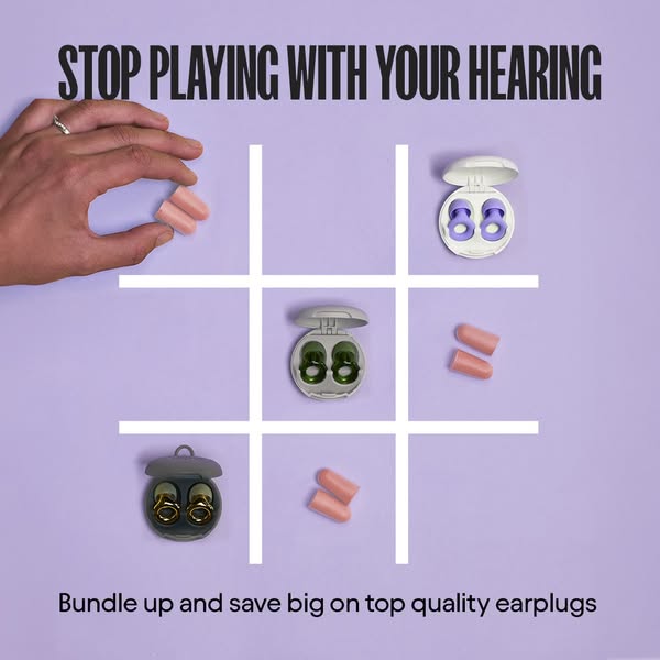 The ad is set on a pastel purple backdrop, featuring a tic-tac-toe grid. At the top, bold text reads 'STOP PLAYING WITH YOUR HEARING.' The tic-tac-toe grid contains various earplugs, presented in diverse cases and colors. A hand playing the game is seen holding earplugs.  The bottom text says, 'Bundle up and save big on top quality earplugs'.