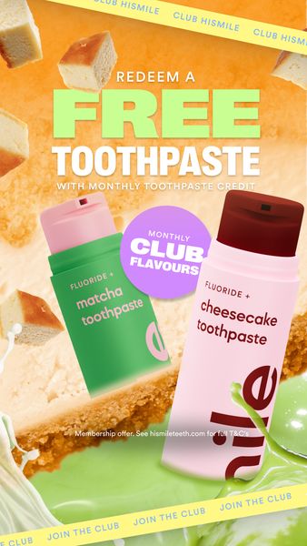 The advertisement showcases two toothpaste tubes, one green and one pink, with different flavors. Above, the text 'REDEEM A FREE TOOTHPASTE' is prominently displayed; the background features a textured orange surface with images of cake and liquid. The layout has a lively feel, with product shots and enticing food visuals.