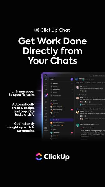 A vertically oriented ad with a dark background. The ad features the ClickUp logo at the bottom, and the text 'Get Work Done Directly from Your Chats.' In the middle the ad shows a display of how the product works. Text on the left explains some of the features of application. The overall style is modern and clean.