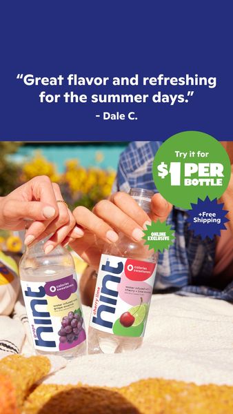 An ad featuring two people holding bottles of flavored water. The image is brightly lit, with a focus on the product. Text overlays on a blue background at the top includes a quote about the flavor and refreshment, and the name of the person who provided the quote is also provided. A green circle with white text states 'Try it for $1 PER BOTTLE' and also includes '+ Free Shipping' in a speech bubble. The background features a picnic setting with summery elements.