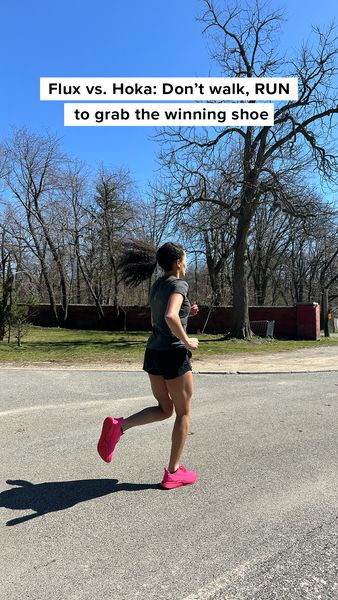 A person running on the road in a bright sunny day, wearing running shoes, shorts and a dark t-shirt. Text overlays are present at the top.