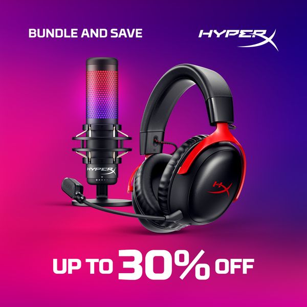 An advertisement features a microphone and headphones on a gradient background of purple to pink hues. The microphone is black with a cylindrical body that appears to have a color-changing effect. It is positioned to the left and is mounted on a black stand. The headphones are black with red accents, specifically on the ear cups and across the top. They are placed to the right side of the microphone. The layout is clean, with the products being the main focal point. The words “Bundle And Save” are displayed across the top, and “Up To 30% Off” is the bottom, indicating a promotional offer.