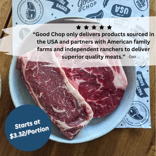 An overhead shot showcases two thick cuts of raw steak on a light blue plate, with a white paper that has text and a star rating on it. The steaks are centered in the frame, and partially visible with the one to the left being a ribeye and the one to the right a strip steak. A navy circle on the bottom left corner has white text, 'Starts at $3.32 Portion'. Above the steaks is a white banner containing text. The background consists of a wooden table.
