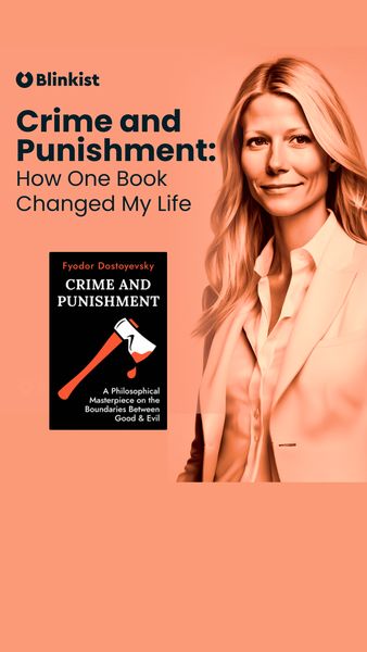 The ad features a background of a soft orange color. On the left side is the book cover of 'Crime and Punishment' with author's name. On the right side, there is a woman smiling at the camera. Above the title of the book, there is a brand logo. The text includes the book's title, and a tagline: 'How One Book Changed My Life'.
