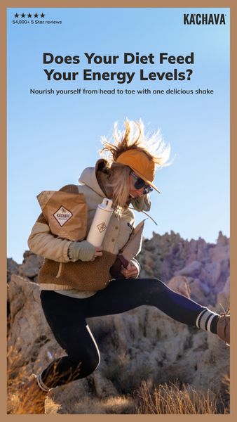 The ad features a woman in athletic wear, appearing to jump or hike in a natural, rocky outdoor setting. She is wearing sunglasses, a hat, and carrying a packet and a bottle with product branding. The background is a bright, sunny sky. Text overlays the image, presenting a question about diet and energy levels and an invitation to try a shake for nourishment. The overall composition is energetic and outdoorsy, aiming to connect the product with an active, healthy lifestyle.