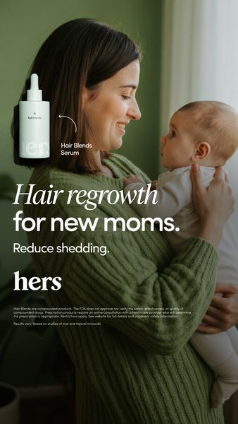 The ad features a smiling woman holding a baby. The woman is wearing a green sweater, and the baby is looking at her. There is a bottle of serum in the top left, and text in large, clear font below. The ad has a clean, modern layout with a focus on the mother and child relationship.