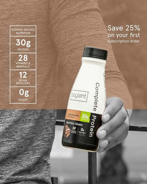 An ad featuring a person holding a bottle of chocolate nutrition shake. The bottle has the text 'Complete Protein' and nutritional information including 30g protein, 28 vitamins & minerals, 12 brain boosters, and 0g sugar. The background is a textured brown, and there is an offer 'Save 25% on your first subscription order'. The overall aesthetic is clean and informative.