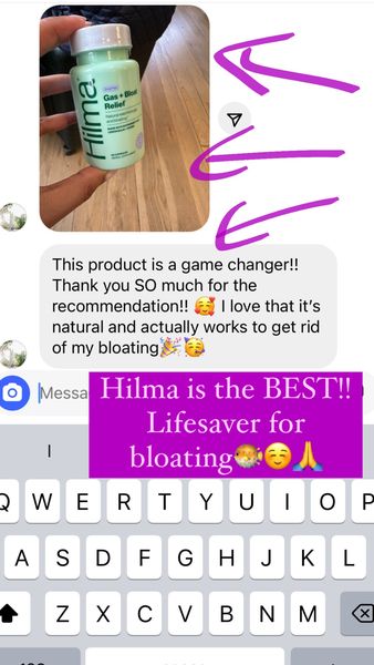 The image displays a product advertisement featuring a partially obscured hand holding a product bottle. The bottle is light green with white text and a white cap. Chat bubbles with positive testimonials are overlaid adjacent to a keyboard at the bottom. Arrows point towards the chat and product.