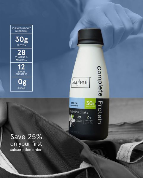 An image showcasing a bottle containing complete protein, with a clean, modern aesthetic. The bottle is white with a black cap and a label featuring key nutritional information: 30g protein, 28 vitamins & minerals, 12 brain boosters, and 0g sugar. An arm is partially visible, seemingly holding the bottle in front of a background with a touch of blue at the top, creating a sense of a product display. Below the bottle, a promotion highlights 'Save 25% on your first subscription order.'