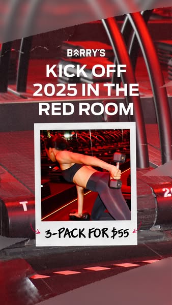 The ad is a promotional image for a fitness program. It is predominantly red, featuring an image of a person working out with dumbbells in a gym setting. The text overlay includes the phrase "KICK OFF 2025 IN THE RED ROOM" at the top, and below is the price "3-PACK FOR $55."