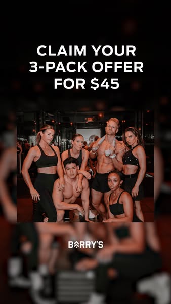 An ad featuring a group of diverse, physically fit individuals in workout attire. The group appears to be in a gym setting.  Text at the top offers a 3-pack offer for $45.