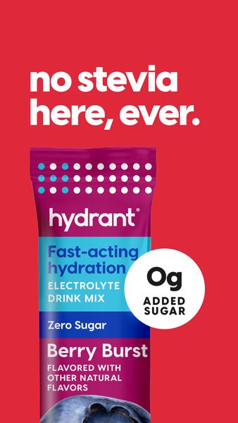 The ad features the product packaging against a red background. The packaging is a vertical rectangular packet with a gradient design of purple and blue. Bold white text near the top states: 'no stevia here, ever.' Beneath the product name, the packaging highlights 'Fast-acting hydration,' 'Electrolyte Drink Mix,' 'Zero Sugar,' and 'Berry Burst' flavor. A circular design indicates '0g Added Sugar'.