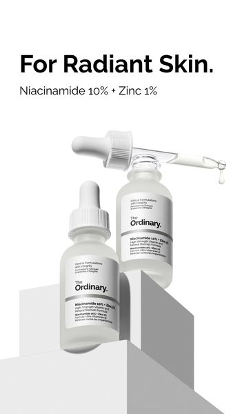 The ad features two bottles of skincare product with clear serum inside, each with a dropper. One dropper is dispensing the serum. The headline in bold black text says "For Radiant Skin.", under it is details "Niacinamide 10% + Zinc 1%" in black text. The ad background is white.