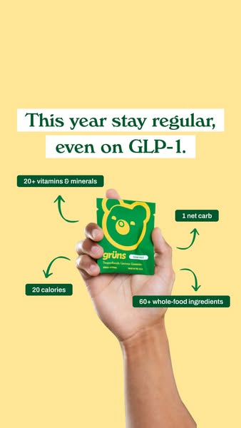 The ad features a person's hand holding a packet of gummy vitamins against a yellow background. Text and visual elements are added around the hand. Text includes a call to action for the year and information about carb, calories, vitamins & minerals, and ingredients. The overall layout is simple, with a focus on the product's key features.