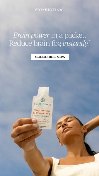 The ad features a product packet held up by a woman against a blue sky background. The woman, with her eyes closed, is basking in sunlight. Text overlays read, "Brain power in a packet. Reduce brain fog instantly." with a subscribe button below. The product packet contains Magnesium L-Threonate.