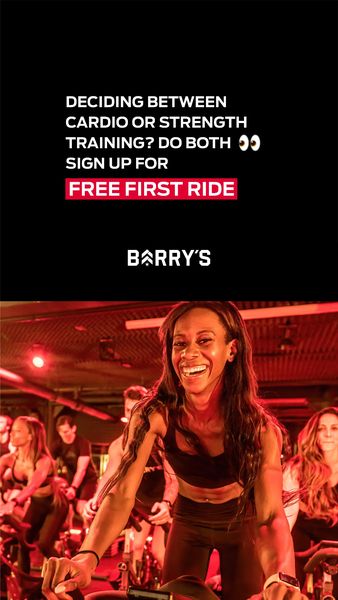 A vertical ad featuring a woman smiling while working out in a spin class. The top section has a black background with white text that says 'DECIDING BETWEEN CARDIO OR STRENGTH TRAINING? DO BOTH DO BOTH SIGN UP FOR FREE FIRST RIDE'. The bottom section of the ad shows a group of people in a spin class, with the featured woman smiling, lit by red lights.