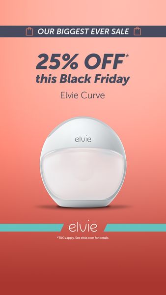 The ad is a vertical graphic featuring a white and clear breast pump. The text "OUR BIGGEST EVER SALE" is at the top, followed by a promotion "25% OFF" for Black Friday. Below the promotional text, it says "Elvie Curve". The brand logo appears again, and underneath it states "T&Cs apply. See elvie.com for details." The background transitions from a coral to orange hue.