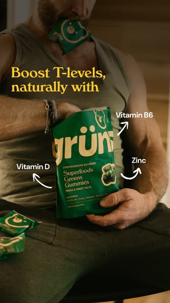 The image features a man holding a green pouch of gummy supplements. The man is shown from the chest down, wearing a sleeveless olive-green shirt and dark grey pants. The pouch is held in his hands, with arrows pointing to the vitamins in the gummies. The background is blurred, suggesting a casual indoor setting. Text overlayed on the image describes the product's benefits and ingredients.