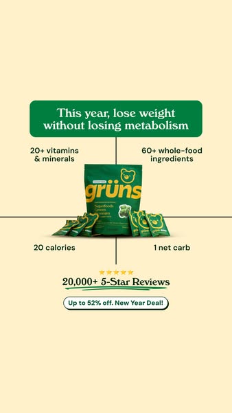 The ad features a vertical layout with a light beige background. A green rectangular banner at the top displays the text "This year, lose weight without losing metabolism". Below this, the product, appears in a green bag and individual packets are displayed towards the bottom of the graphic. Text highlights key features like "20+ vitamins & minerals", "60+ whole-food ingredients", "20 calories", and "1 net carb". Near the bottom, it reads 20,000+ 5-star reviews, and "Up to 52% off. New Year Deal!" in a white box.