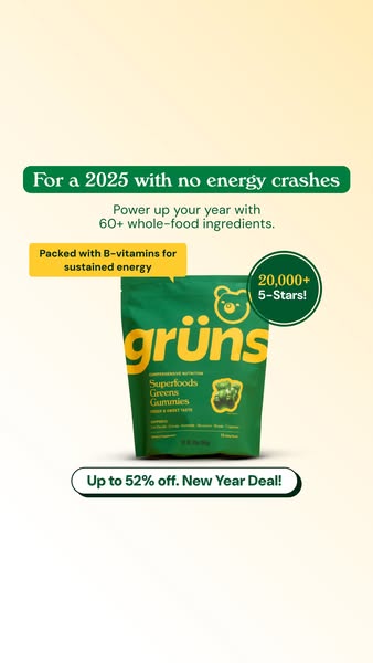The ad features a product package prominently displayed against a light green gradient background. The package itself is green and features the brand's name in a bold, yellow font. Text overlays highlight the benefits of the product, such as sustained energy and the presence of B-vitamins. A circle with the number 20,000+ and "5-Stars!" is placed for emphasis. The overall layout is clean and straightforward, with a headline promising a '2025 with no energy crashes', supplemented by the main product. The bottom of the ad shows an offer of up to 52% off, for a New Year Deal.
