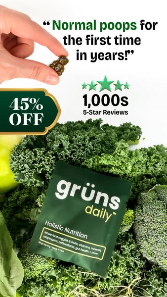 The ad features a close-up shot of healthy greens and vegetables in the background with a product package in front of the other elements. In the upper portion of the ad, we see a hand holding up a small, brown, pill-like supplement, next to a text bubble saying “Normal poops for the first time in years!”. Beneath this claim, there is a banner that says both “1,000’s 5-Star Reviews” and “45% OFF” with some decorative elements. The products pack has product information on a dark green pack. The overall layout is clean and direct, with a focus on the health benefits