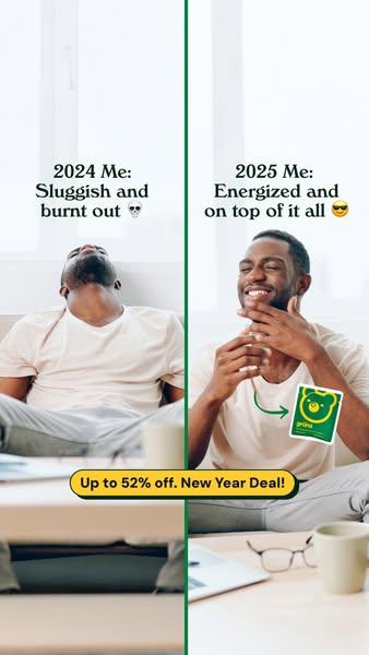 A split-screen ad showing two contrasting images. On the left, a person is slumped over, representing fatigue. On the right, the same person is smiling and energetic, holding a product package. Text overlays highlight the transition from a negative state in 2024 to a positive one in 2025. A clear call-to-action banner at the bottom offers a discount.
