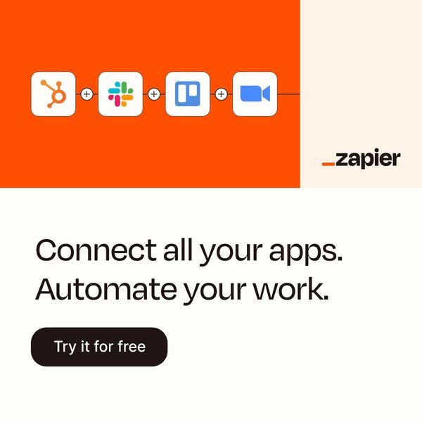 An ad with an orange and white layout. The top section features a series of app logos connected with plus signs, including orange, green, blue, and a camera icon. Underneath, the text states 'Connect all your apps. Automate your work.' A button, 'Try it for free', is located at the bottom. The brand name is found at the top right.