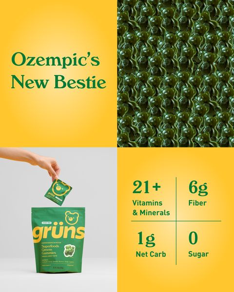 The ad is divided into four quadrants, with a vibrant yellow backdrop. The upper left corner features the text 'Ozempic's New Bestie' in green. The upper right quadrant displays a close-up pattern of green gummy bear-like candies. The lower left quadrant showcases a hand holding a small packet of gummies above a green bag of 'grüns' gummies with bear illustrations, alongside nutritional information in the lower right quadrant: '21+ Vitamins & Minerals' , '6g Fiber', '1g Net Carb', and '0 Sugar'.
